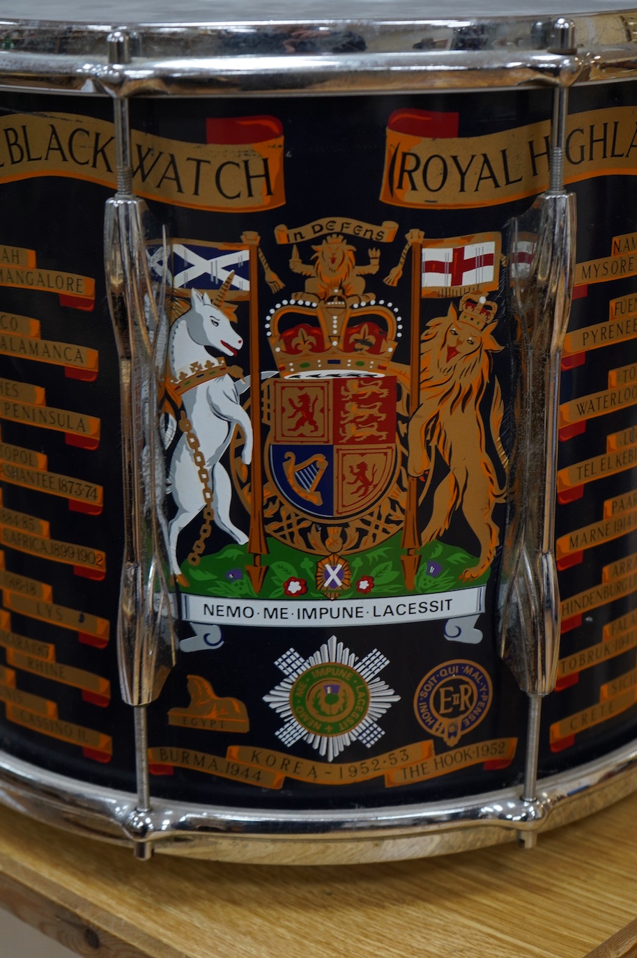 A modern ERII Royal Highland Regiment military side drum by Premier, 35.5cm diameter skin. Condition - good.